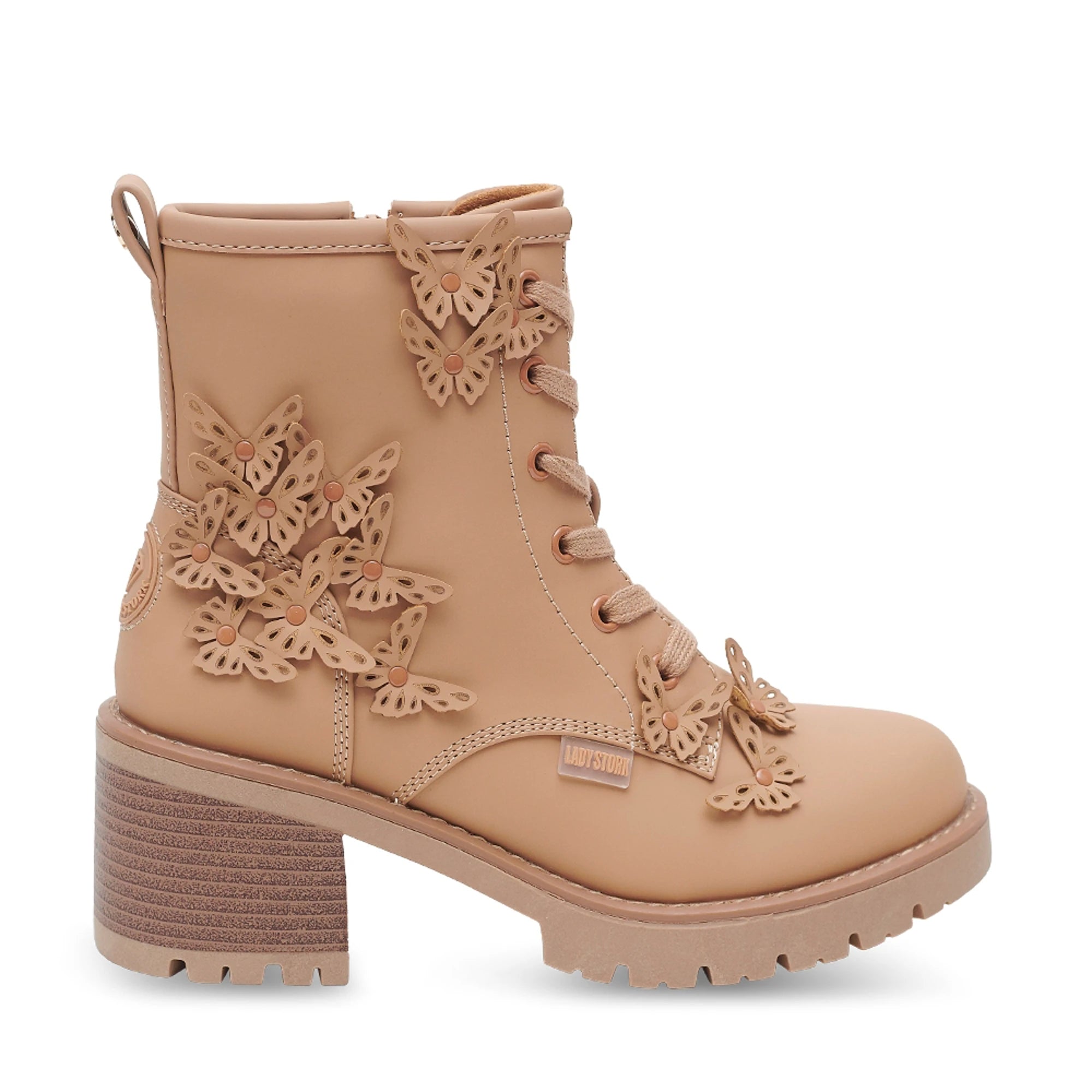 Lady Stork Bota Dominique Cano Curto Salto Bloco Sintético Beige