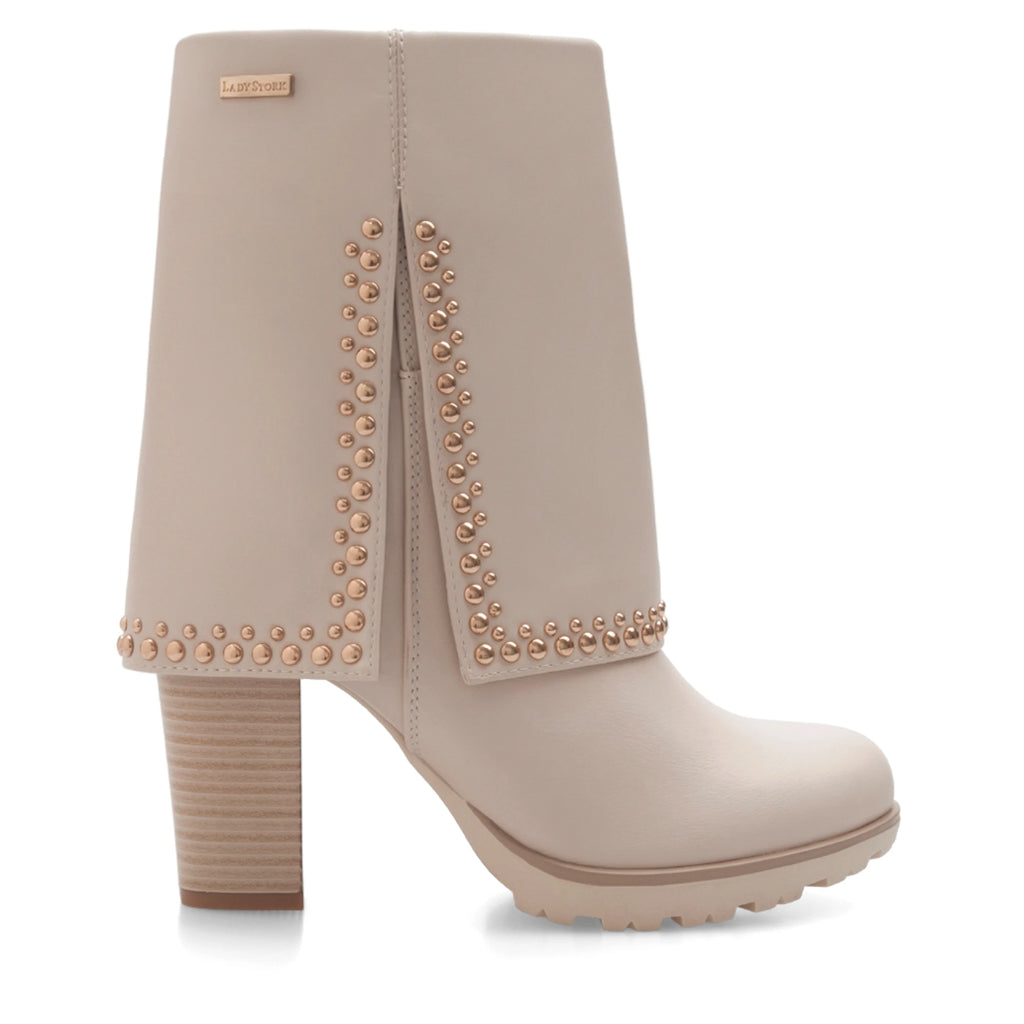 Lady Stork Bota Dominique Cano Curto Salto Bloco Sintético Beige