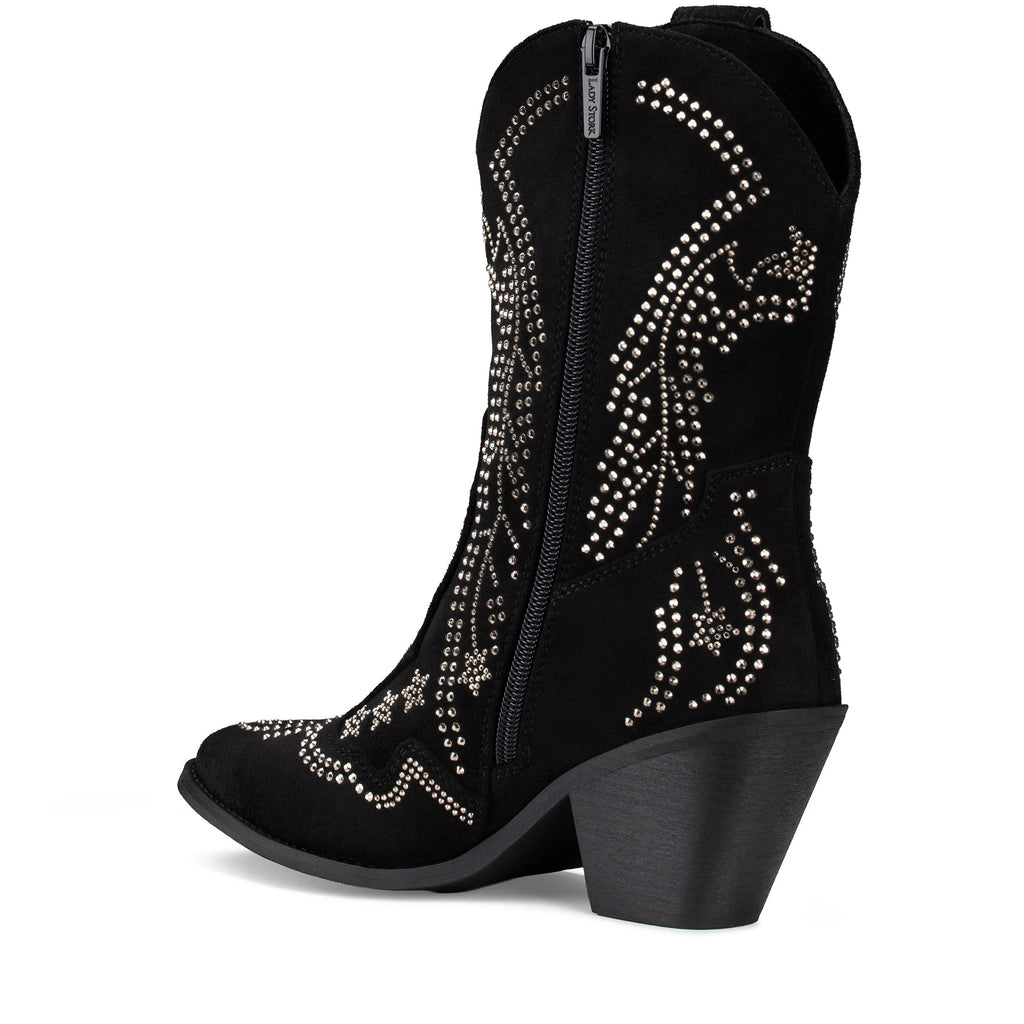Lady Stork Bota Cyrene Cano Curto Salto Bloco Sintético Negro