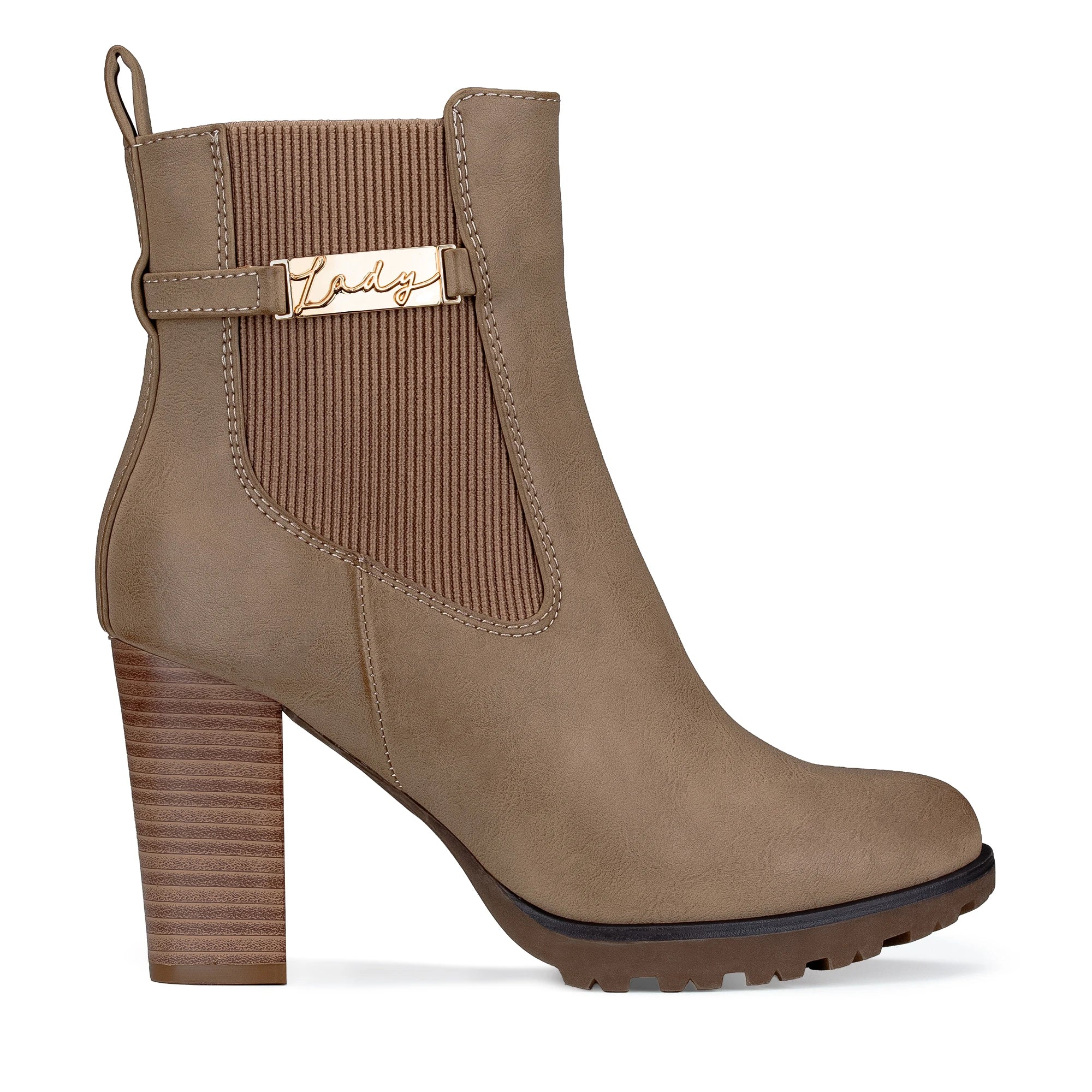 Lady Stork Bota Dominique Cano Curto Salto Bloco Sintético Beige