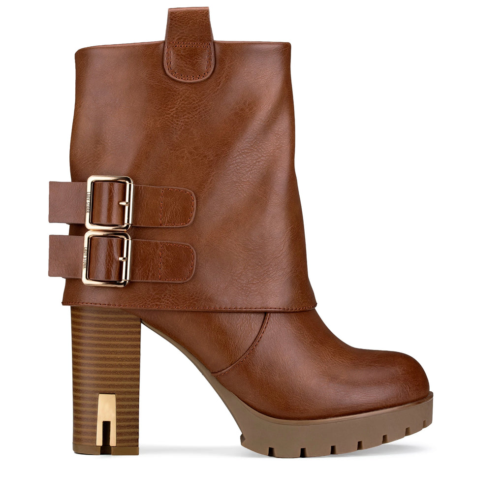 Lady Stork Bota Dominique Cano Curto Salto Bloco Sintético Beige