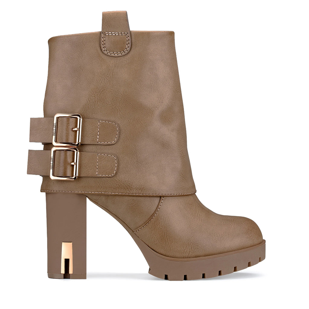 Lady Stork Bota Dominique Cano Curto Salto Bloco Sintético Beige