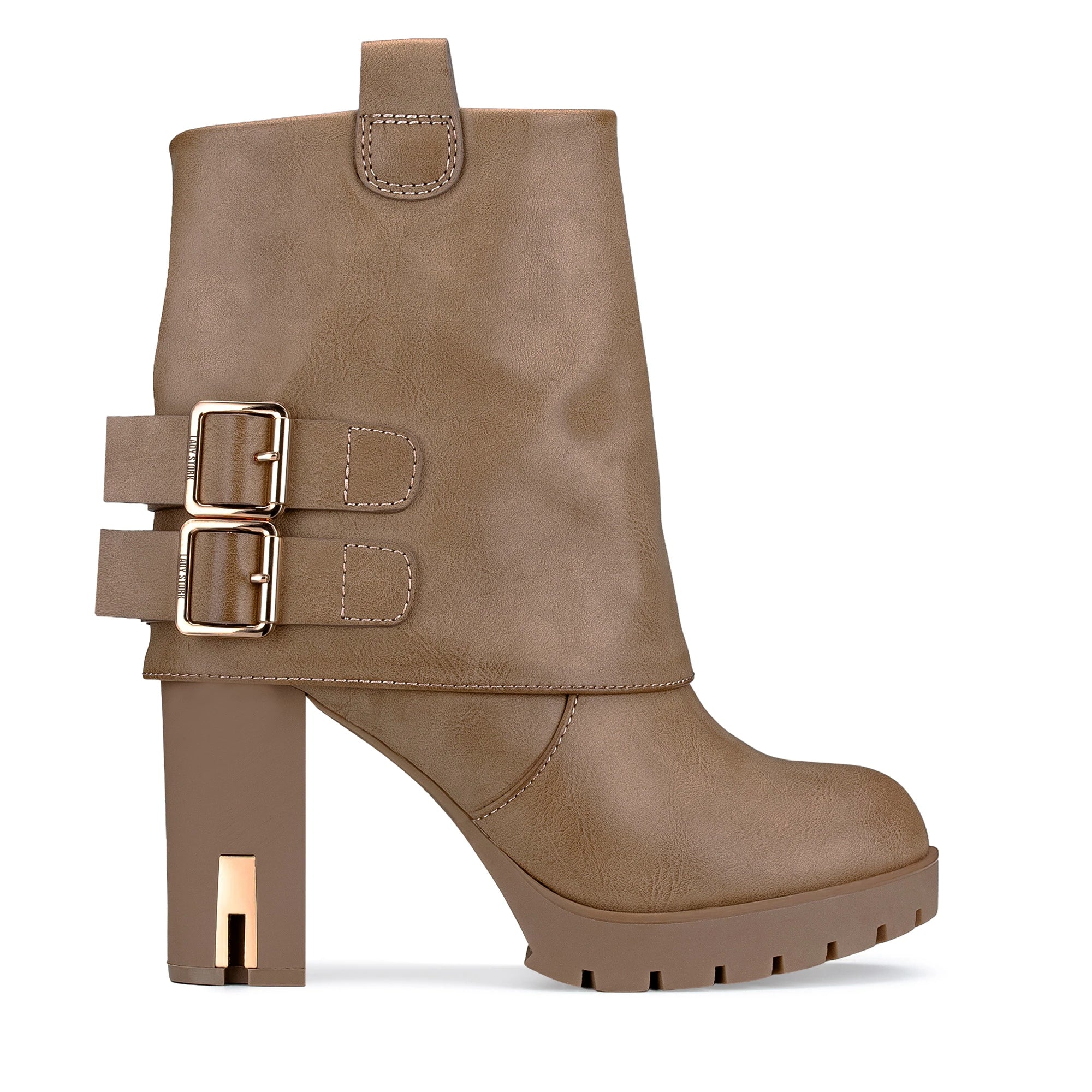 Lady Stork Bota Dominique Cano Curto Salto Bloco Sintético Beige